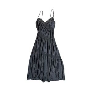 Henson Sz M Kickernick Long Sweep Nightgown Antron Nylon Blk Satin Lace VTG 80s